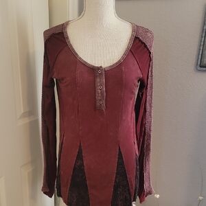 BKE Maroon Long Sleeve Top with Button Detail With Lace and Mesh Inserts.